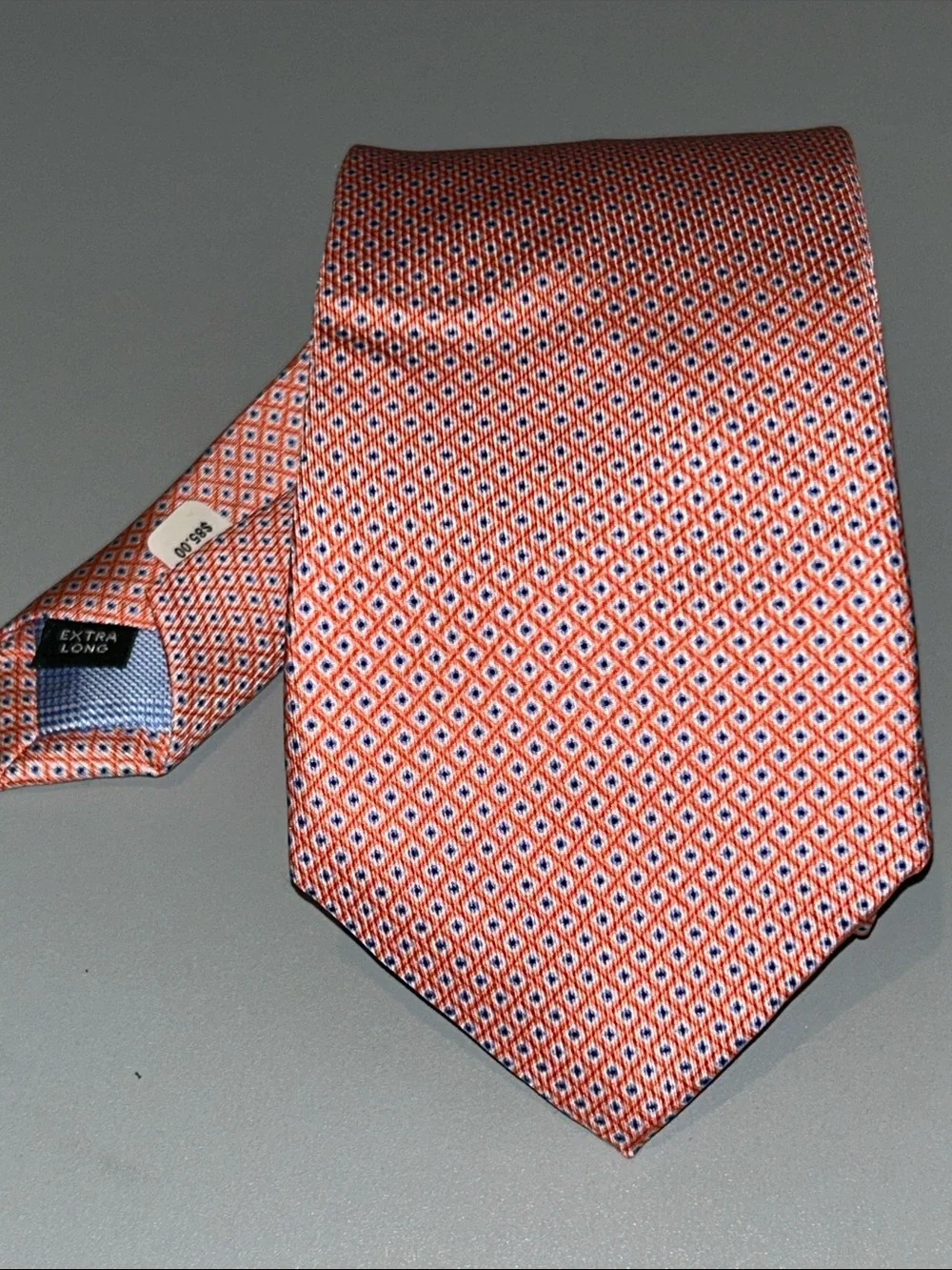 Orange Geometric Silk Tie with Navy Accents Extra Long 64”x 3”1/4